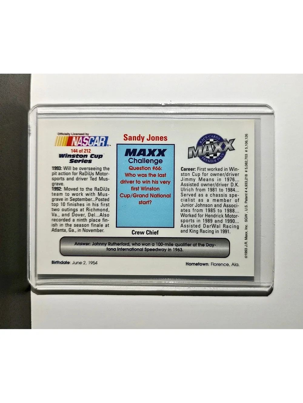 Sandy Jones 1993 Maxx Premier Plus Racing #144 NASCAR Card RaDiUs Motorsports